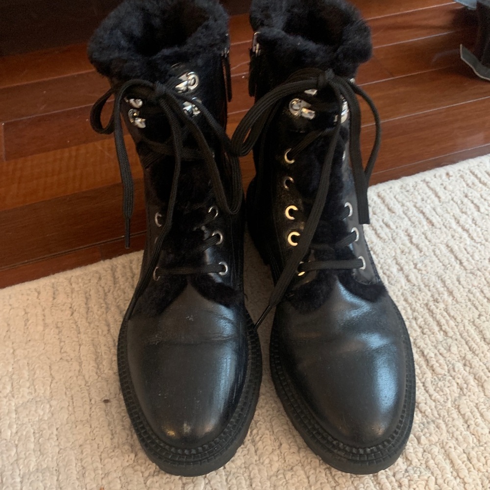 Zara Leather Zip Up Faux Fur Lined Combat Boots